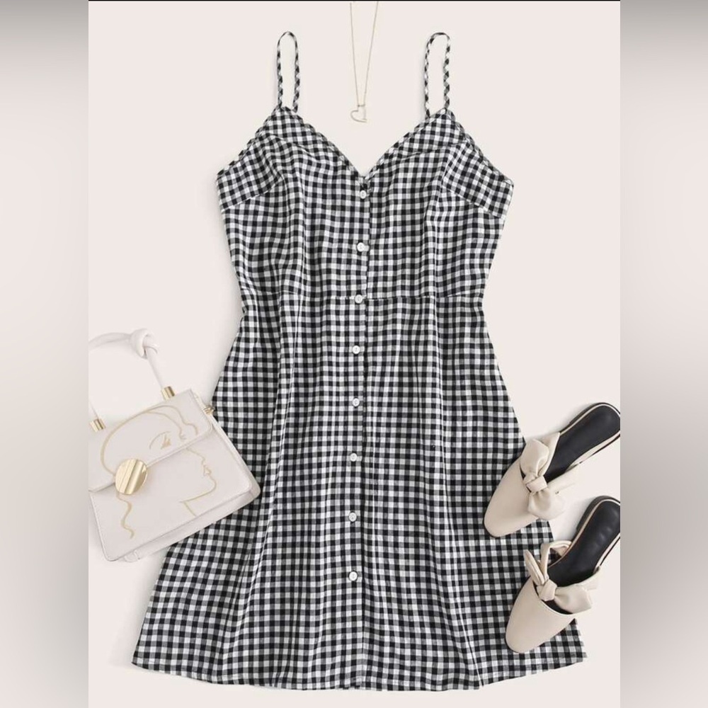 SHEIN Plus Button Front Buffalo Plaid Cami Dress - Size 2XL, Black and White
